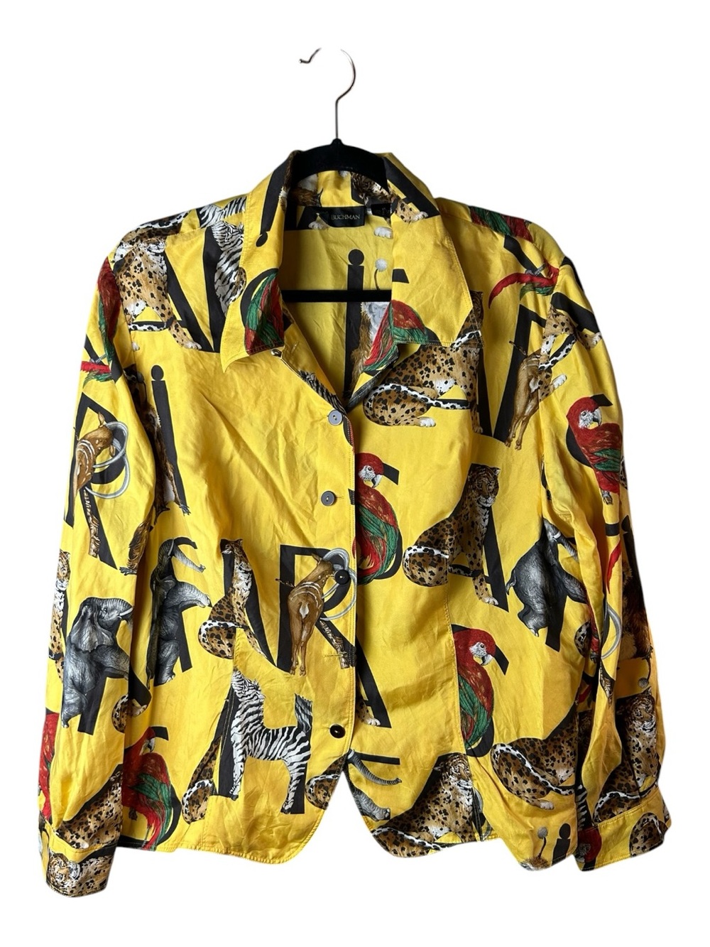Vintage 90’s Dana Buchman Silk Shirt Safari Exotic Animals Yellow Womens sz 16